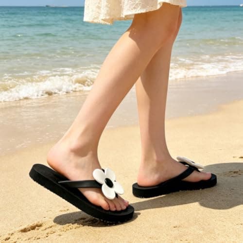EQLEF Flower Flip Flops Women, Lightweight EVA Beach Shoes Women, Non-Slip Flat Sandals for Travel, Pool, Summer Casual (Black) — view 2