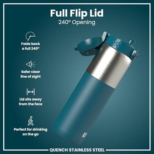 ION8 Lightweight 1 Litre Steel Water Bottle, Non-Insulated, Leak Proof, Easy to Open, Secure Lock, Dishwasher Safe, Flip Cover, Carry Handle,Ideal for Travel & Active Lifestyles, Half Cut Deep Teal — view 4