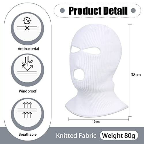 Blulu White Balaclava Ski Mask for Men Skiing, Snowboarding, Motorcycle, Wind Protection Lightweight Neck Warmer, Full Face Cover, 3 Hole Knitted Balaclava for Outdoor Sports — view 2