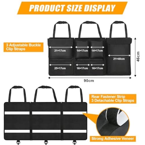 URAQT Car Boot Organiser, Trunk Tidy Organiser Bag, Detachable Multi-Pocket Seat Back Protectors with Zipper, Water-Proof Durable Foldable Children's Travel Storage, 90x46cm — view 3