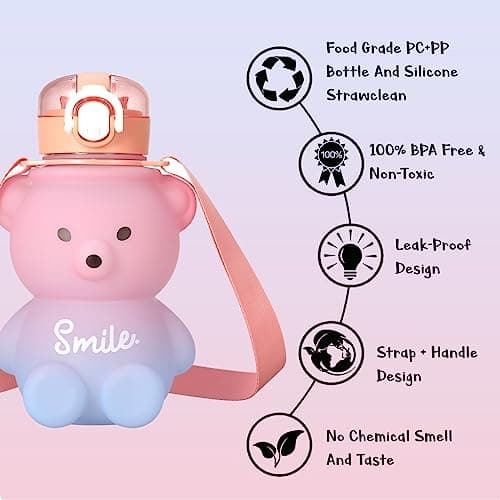 Fuyamp Kawaii Bear Water Bottle With Straw and Strap,800ml Cute Gradient Colorful Water Bottles Portable Leakproof BPA-free Drinking Cups for Kids Girls Women Sports Camping Picnic Hiking Travel — view 5