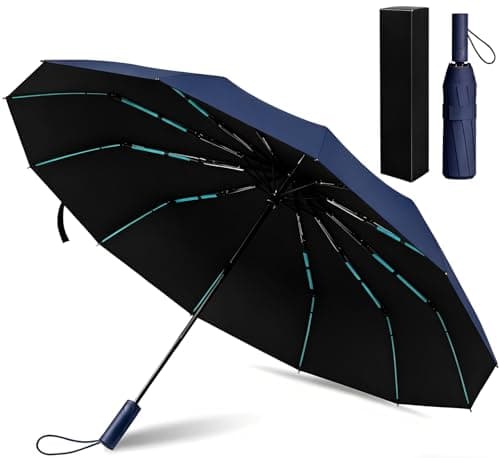 Compact Windproof Travel Umbrella, 12-Rib 3+2 Fiberglass Reinforced Frame, Auto Open & Close, Lightweight Portable Folding Umbrella, Waterproof Durable Umbrella for Daily Commute Outdoor Rain,Navy