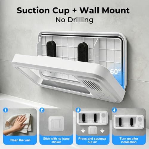 MRLTOP Waterproof Shower Phone Holder with Bluetooth Speaker IPX5 Bathroom Phone Mount 360 Rotatable Suction Cup Wall Mount Universal Compatibility — view 4