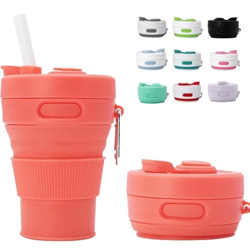 MOMAHUA 450ml/15oz Collapsible Coffee Cup with Lids,Orange Silicone Portable Water Cups,Reusable Coffee Mug,Foldable Camping Travel Cup Fits in Your Pocket,Folding Mug Collapses to 6cm