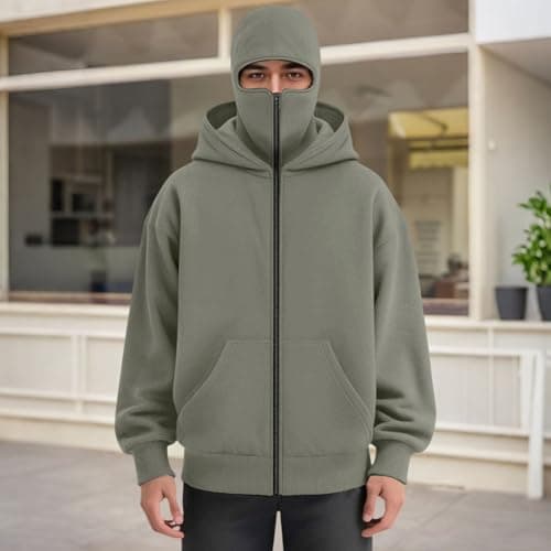 Balaclava Hoodie with Mask Built In Balaclava Full Zipper Double Hooded Coat Oversized Wind Resistant Warm Travel Hoodie with Face Mask Built In Winter Windproof Streetwear Workout Sweatshirt — view 2