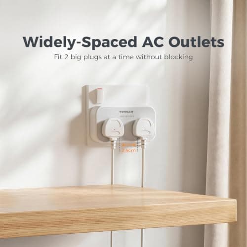 TESSAN Double Plug Adapter UK, 2 Way Plug Extension Socket — view 4