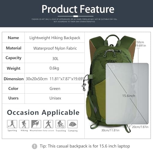 Lightweight Hiking Backpack, 30L Women/Men Waterproof Travel Rucksack Bag with Rain Cover, Outdoor Small Foldable Daypack for Student, Fit for 15.6 inch Laptop (Green, 30L) — view 2