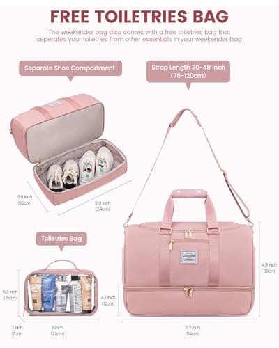 LOVEVOOK Travel Hospital Bag for Women, 50L Large Weekend Overnight Holdall Duffle With Toiletry Bag, Shoe Compartment & Wet Pocket, Waterproof Gym Yoga for Sports Flight, Pink — view 2