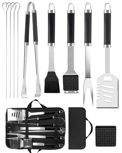 BBQ Tools Set for Dad, 11pcs Stainless Steel BBQ Utensils Set with Heat Resistant Handle, Case, Premium BBQ Accessories Set for Travel, Camping, Outdoor, BBQ Kit for Men and Women Gift