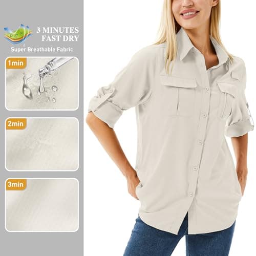 Winebox Women's UPF 50 Shirts Long Sleeve Sun Protection UV Quick Dry Casual Outdoor Safari Walking Fishing Hiking Travel Shirts(Light Khaki-l) — view 6