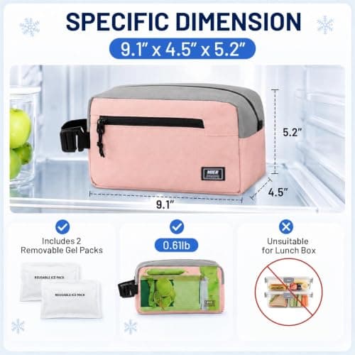 MIER Freezable Lunch Bag for Kids with Bulit-in Ice Packs, Pink/Grey, 3L — view 3