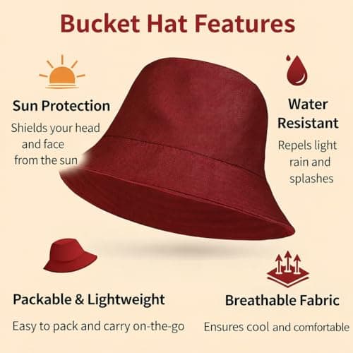 COSHAL® Unisex Bucket Hat Reversible Mens Womens Cotton Fisherman Hats for Hunting, Camping, Hiking, Travelling, Fishing Adult Football Summer Sun Hat Plain Colours Size 56-58cm (Maroon) — view 2