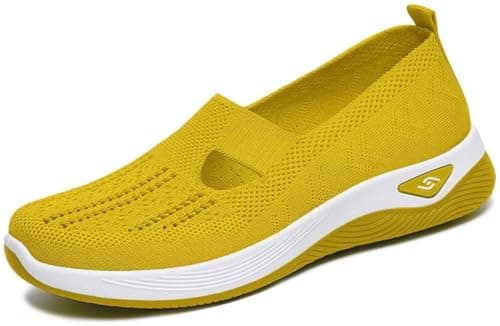 Women's Orthopedic Mesh Walking Shoes Athletic Sport Running Sneakers Slip-on Cozy Breathable UK Size 9 Yellow