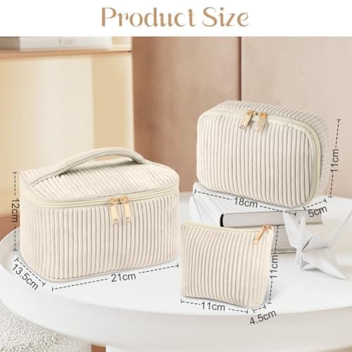 Aucuu Corduroy Cosmetic Bag, 3 Pcs Makeup Bag, Large, Medium and Small Cosmetic Bag, Striped Corduroy Portable Bag with Metal Zipper, Travel Cosmetic Bags Organizer for Women, Travel, School, Gift — view 2