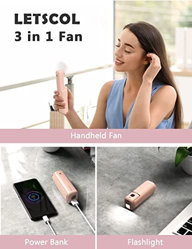 LETSCOL Handheld Mini Fan, 3 in 1 Hand Held Cooling Device, Portable and Personal with Power Bank & Flashlight, Foldable for Travel, Desk, Makeup (Pink) — view 2