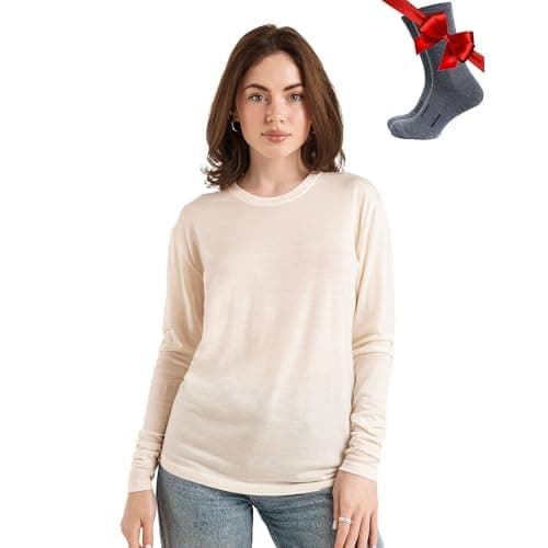 100% Merino Wool Base Layer Womens - Long Sleeve Thermal Shirts + Socks (Large, 165 Cream White)