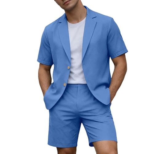 RUMAOZIA Men's Linen Summer Lightweight Suits Short Summer Shirt Set Figure-Shaping Travel Linen Suit Urban Breathable Expedition Oversize Short Sleeve Suit Beach Two Piece Leisure Suit, O Blue, L