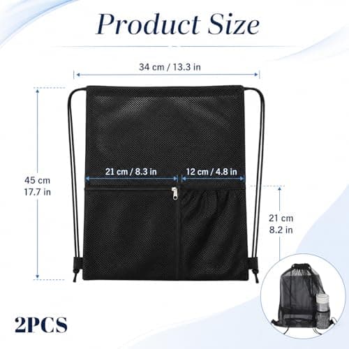 Bruislard 2 Pcs Mesh Drawstring Backpack Bag Heavy Duty Nylon Net Bags with Zipper Pocket Multifunction Mesh Bag Beach Bags for Gym Swimming Beach Toys Clothes — view 2
