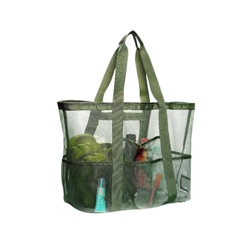 CCAIPU Large Mesh Beach Bag, Mesh Bag for Sand Toys, Foldable Handbags, Storage Bag with Pockets and Zip, for Beach, Holiday, Travel, Shopping (Green)
