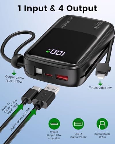 Portable Charger 20000mAh Fast Charging 22.5W Power Bank Built-in 2 Cables with LCD Display USB-C In/Out,Compatible with for iPhone 17/16/15/14, Samsung, Android Devices & More — view 5