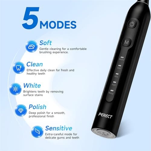 PERECT Electric Toothbrush for Adults, Rechargeable Sonic Toothbrush Travel-Ready Kit with Travel Case, 6 Replacement Brush Heads, 5 Modes 3 Intensities, 2-Minute Smart Timer, IPX7 Waterproof, Black — view 3