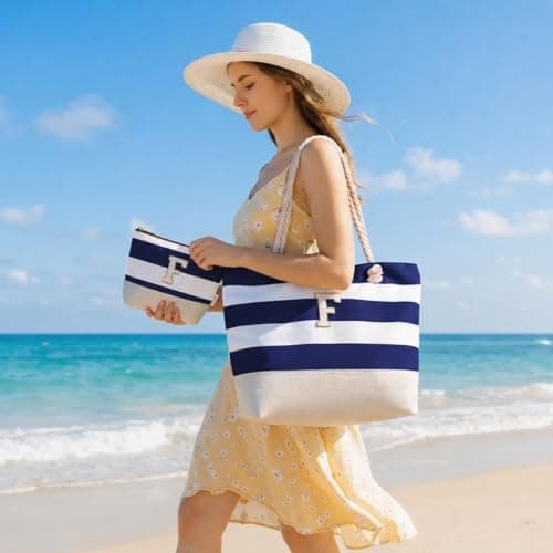 Vavabox Initial Beach Bag with Zip＆Pockets, Personalised Gifts for Women(K) — view 2