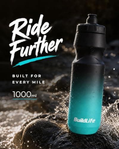 BuildLife 2 Pack Sports Water Bottle, 1L Squeeze Water Bottle, 32oz Biking Water Bottles, BPA Free & Leakproof Cycling Bottles for Hiking, Outdoor Sports Dishwasher Safe (1L-BlackBlue+BlackWhite) — view 2