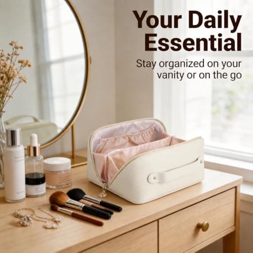 Travel Makeup Cosmetic Bag, Waterproof PU Leather Organiser, Brush Pocket — view 6