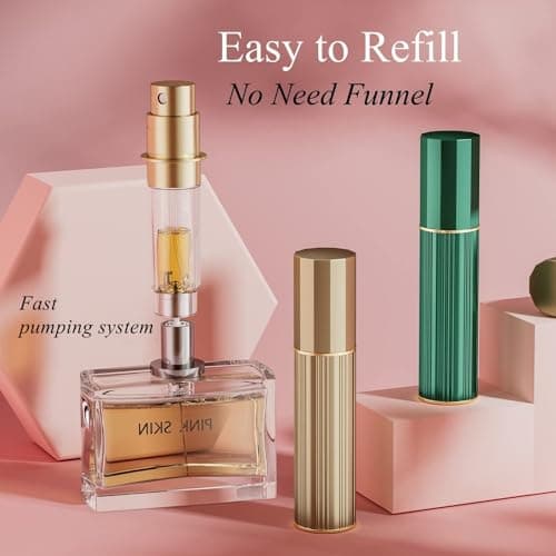 Aurdox Perfume Atomiser, Refillable & Portable Perfume Bottle for Travel, 5ml Small Spray Bottles with Bottom Pump, Dispensers for Women and Men, Leaking Proof and Luxurious Design(Gold & Green) — view 2