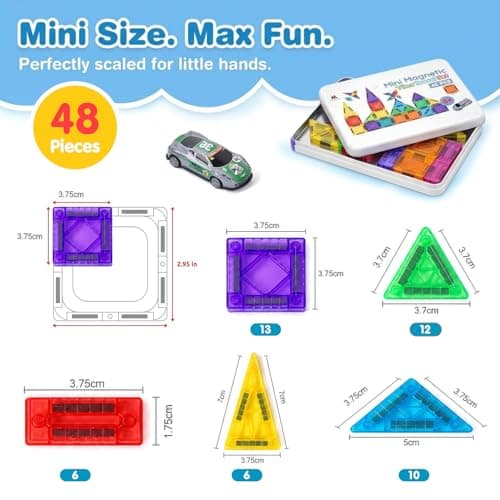 Zippytoys Travel Magnetic Tiles – 48PCS 3D Mini Magnetic Tiles Building Blocks with Mini Car for Kids– Strong Magnets Portable STEM Montessori Educational Toy with Metal Storage Tin for Boys Girls 3+ — view 2