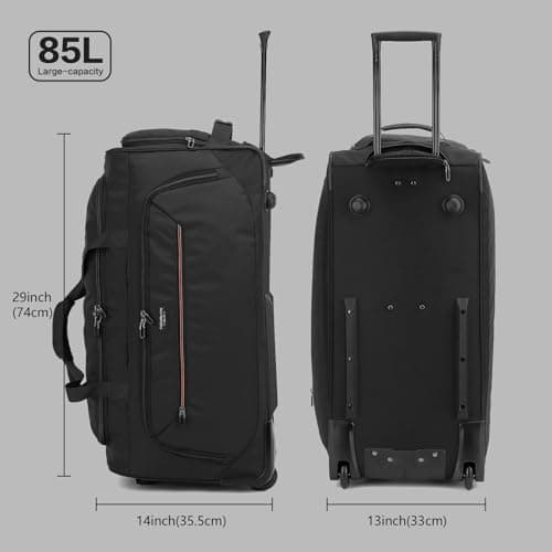TONRUYN 85L Travel Duffle Bag with Wheels and Telescopic Handle Large Wheeled Holdall for Travel Rolling Duffel Bags 29'' Soft Trolley Luggage with Shoe Compartment & Wet Pocket, Black — view 5
