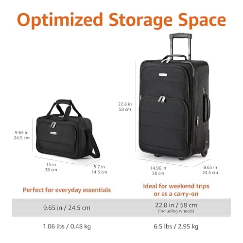 Amazon Basics 2-Piece Luggage Set, Expandable Cabin Suitcase (58 cm) and Tote Bag (25 cm), Soft Shell Suitcase with Wheels, Lightweight Polyester, Black, for Travel Work Weekend Breaks — view 4