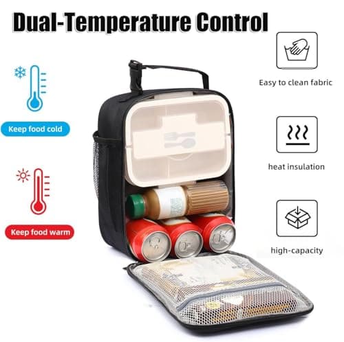 zukent Portable Insulated Lunch Bag with Side Mesh Pocket Water-Resistant Leakproof Cooler Bag Durable Thermal Lunch Box for Work, School, Picnic, Outdoor for Adults, Kids, Men, Women (Black) — view 2