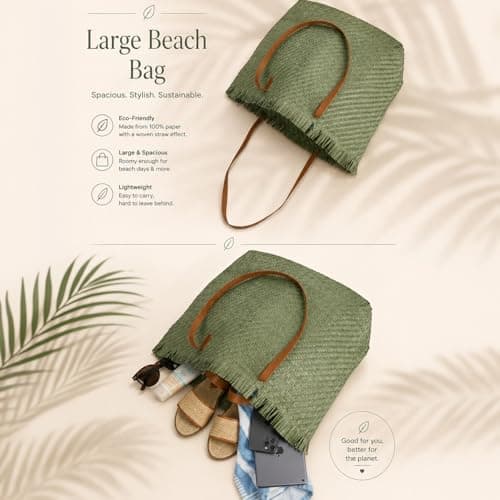 Woodland Leathers Womens Beach Bag, Large Paper Straw Beach Bag, Woven Summer Tote Shoulder Shopper Handbag with PU Leather Straps Lightweight Open Top Holiday Bag (Green, Large) — view 5