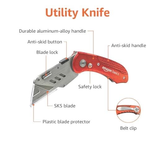Amazon Basics Durable Folding Utility Knife with Aluminum Body, Red — view 2