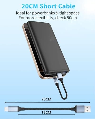 Short USB to USB C Fast Charger Cable (20cm 2PCS), USB2.0 Short USBA to USBC Charging Cable, Nylon 0.2m Small USBC Lead for iPhone 17 16 15, Samsung Galaxy S24 S23 Huawei, Pixel, Xiaomi — view 3