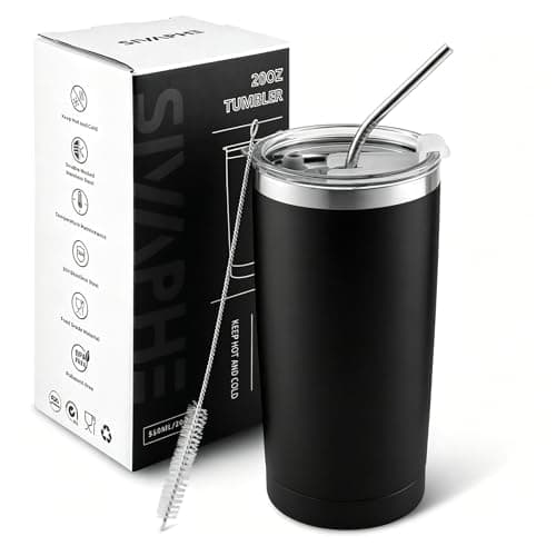 Sivaphe Travel Mug with Straw, Insulated Beer Drinking Glasses Tumbler Stainless Steel Men Camping Coffee Cup Double Wall Vacuum Stemless 20OZ / 550ML Black