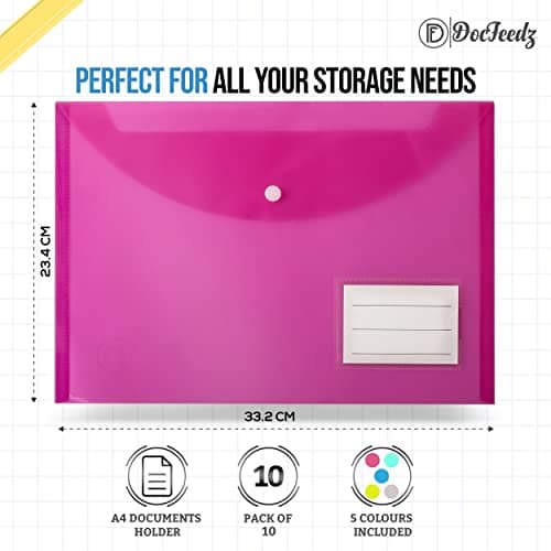 DocFeedz Plastic Wallets A4-10 Pack Waterproof Plastic Folders for Documents 33.2 x 23.4 cm - 5 Assorted Colours Popper Wallet A4 with Snap Button and Label for Home, Office, School and Travel — view 2