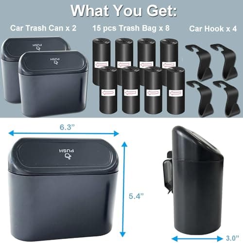 KITBEST 2 Pack Car Bin Mini Trash Can with Lid+ 120 Garbage Bags+ 4 Hooks — view 2