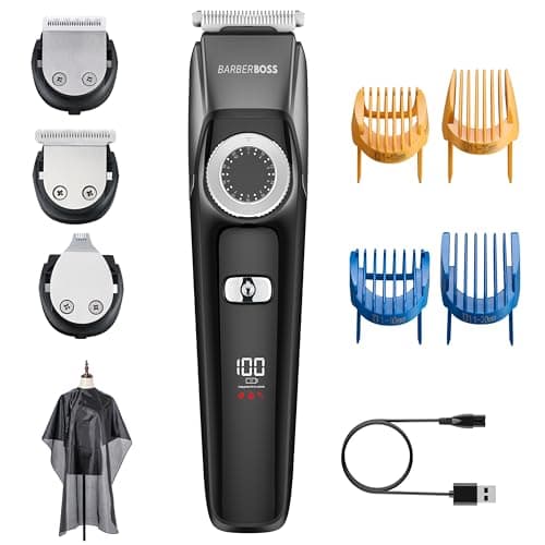 BarberBoss 3-in-1 Facial Grooming Kit for Men, Hair, Beard Trimmer, Detail Trimmer, Precision Control Dial, 4 Guide Combs, USB Rechargeable, LED Display, 100% Waterproof