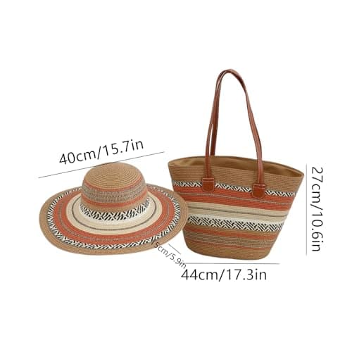 Kouoybt Women Straw Tote Bag and Straw Hat Set Striped Beach Hat and Bag Set Large Capacity Shoulder Bag (Style 3, One Size) — view 6