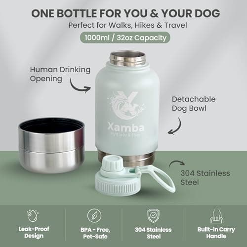 Xamba 3-in-1 Dog Travel Water Bottle 32oz (1000ml) – Stainless Steel Leak-Proof Pet Water Bottle with Detachable Food & Water Bowls for Walking, Hiking & Travel (Mint Green) — view 2