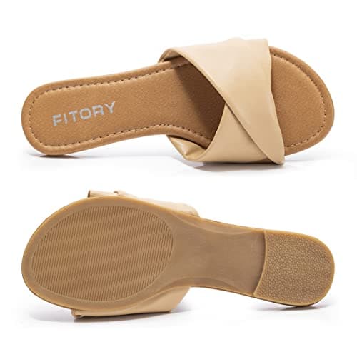 FITORY Women's Sandals Flat Slip On Leather Summer Slide Light Tan Size 4 — view 4