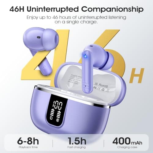 Wireless Earbuds, Bluetooth 5.4 Headphones with 4 Noise Cancelling Mic, 46H In-Ear Buds with 3D Bass Stereo Sound, Small Ears, LED Display, Calls Sports Workout, IPX7 Earphones for Android iOS. Purple — view 6