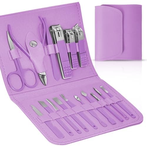 LOPHE Professional Manicure Set, 16pcs Portable Nail Clippers & Eyebrow Grooming Kit, Stainless Steel Nail Care Tools with Luxurious Leather Case for Travel & Home(Purple)