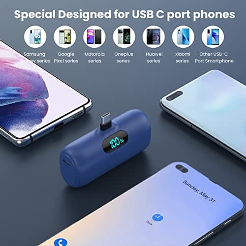 Feob Power Bank USB C 5000mAh,15W PD 3.0A Fast Charging Portable Charger Mini Power Bank LCD Display Battery Pack Compatible with iPhone 17/16/15 Series, Samsung/Note/Moto/LG/Pixel/Nexus etc - Blue — view 3