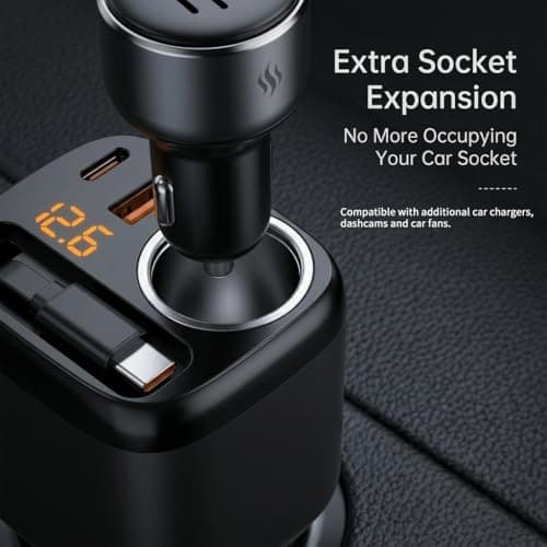 Retractable Car Charger 3-in-1, 78W Fast Car Charger with Built-in 30W USB C Cable & Cigarette Lighter Splitter, Car Accessories Gift for Men Women, for iPhone 17 16 15 14, Galaxy, Pixel — view 5
