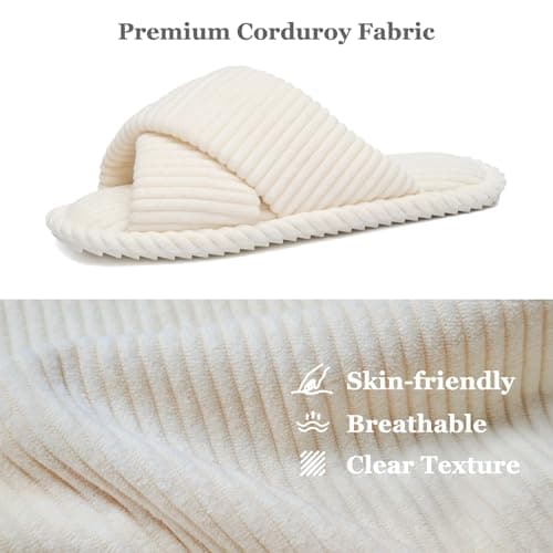 GOEWY Slippers for Women Memory Foam House Bedroom Corduroy Crossbands Open Toe Slides Sandals Shoes Comfy Trendy Gift for womens Anti-Skid sole, Beige, 5/6 UK — view 3