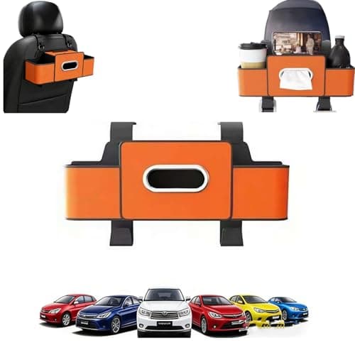 2026 Upgraded 4 in 1 Car Back Seat Organiser, Universal Headrest Car Storage Organiser with Dual Cup Holders, Tissue Box & Phone Holder, for Cars, SUVs, Sedans, Family Travel & Daily Commute (Orange)