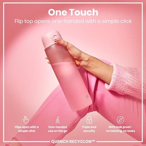 ION8 1 Litre Water Bottle, Leak Proof, Flip Lid, Carry Handle, Rapid Hydration, Dishwasher Safe, BPA Free, Contoured Grip, Ideal for Travel, Gym & Activity, Carbon Neutral Recyclon, 32 oz, Rose Pink — view 3